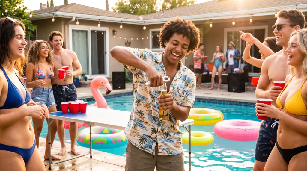 Friends using King Poppi at a sunny pool party